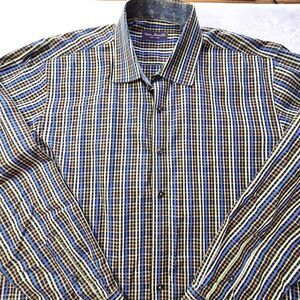 Marco Brunelli Shirt Men SZ L Stripe Button Up Flip Paisley Cuff Made In Italy